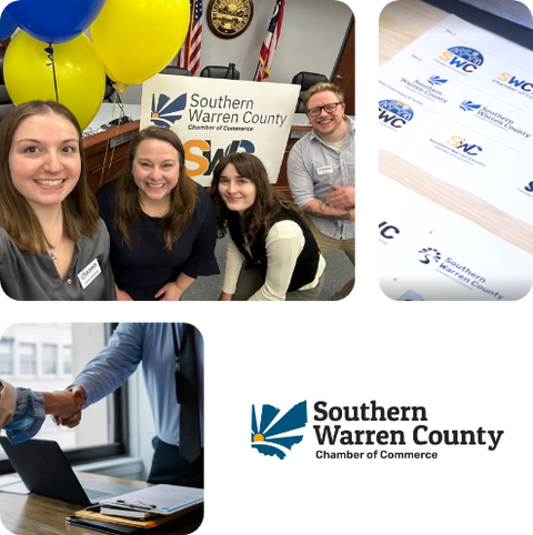 Collage of group of people, SWC logos, people shaking hands, and Southern Warren County logo